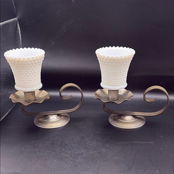 Vintage milk glass pewter chamber Candle Holders - Picture 1 of 8